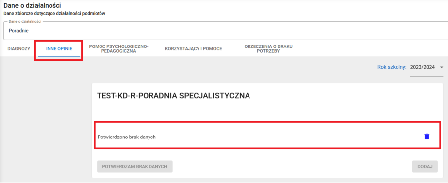 widok na zapis potwierdzono brak danych