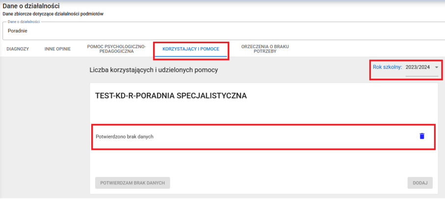 widok na zapis potwierdzono brak danych