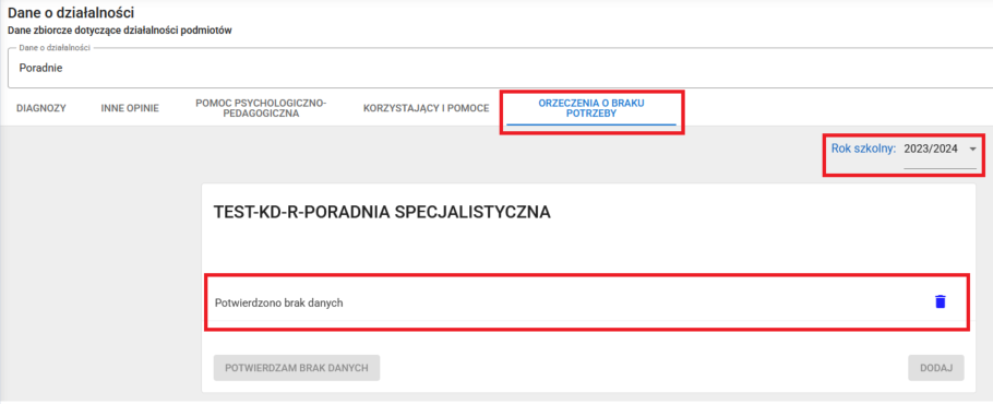 widok na zapis potwierdzono brak danych