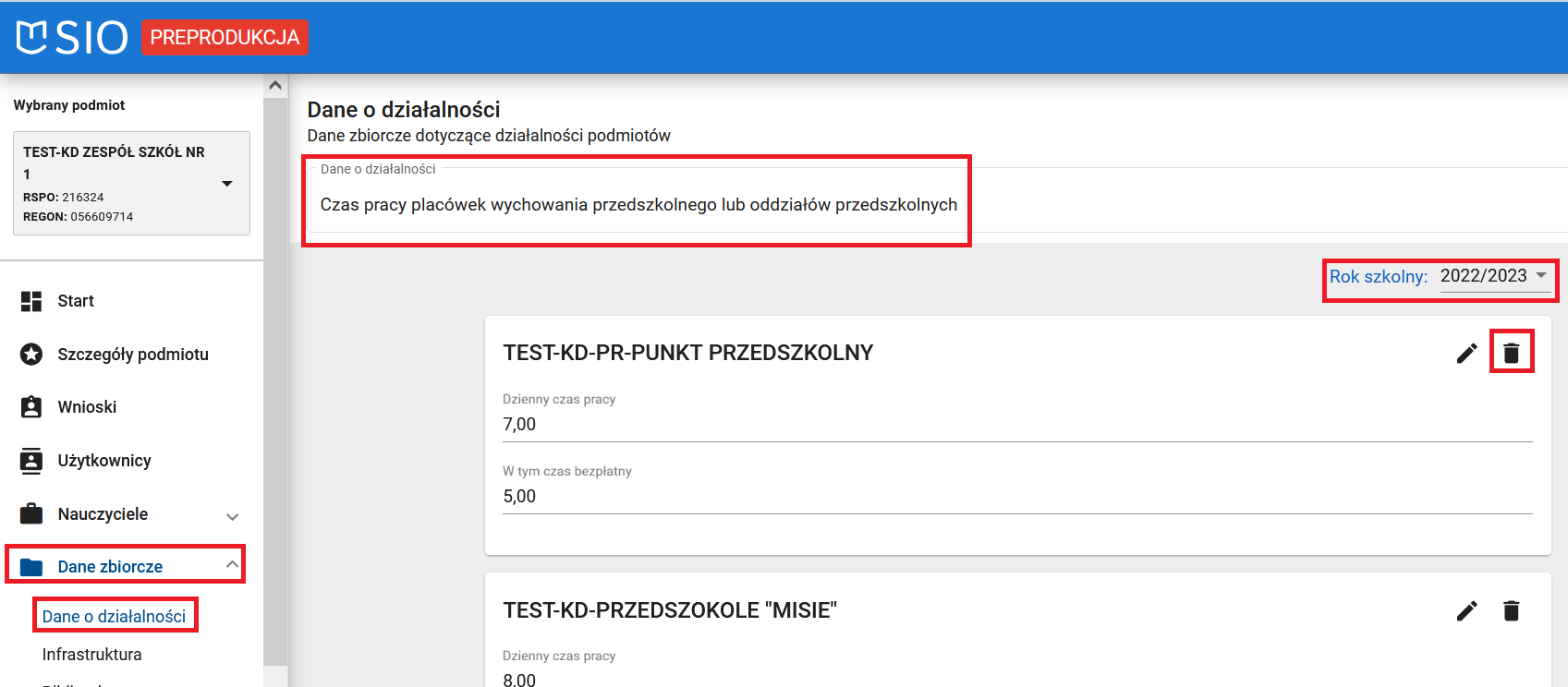 widok okna dane o działalności czas pracy placówek wychowania przedszkolnego lub oddziałów przedszkolnych