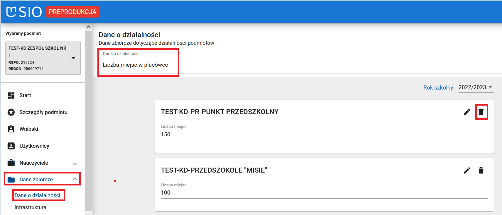 widok okna dane o działalności liczba miejsc w placówce z zaznaczoną możliwością usunięcia
