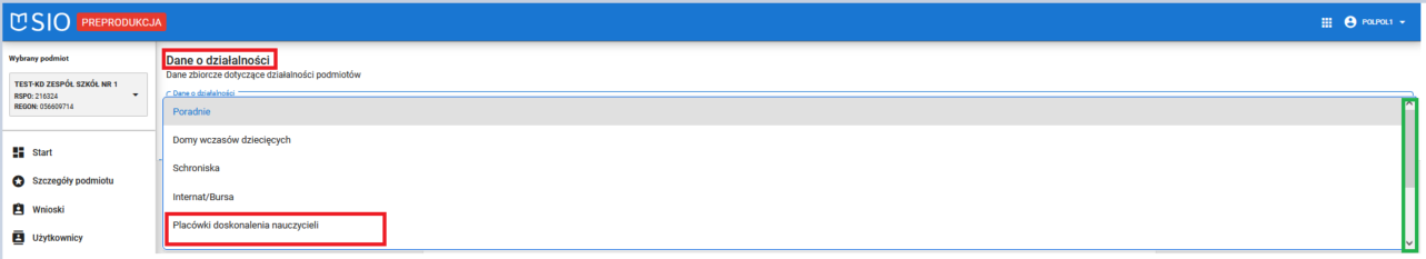 widok okna dane o działalności placówka doskonalenia nauczycieli