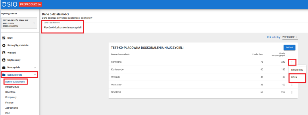 widok okna dane o działalności placówki doskonalenia nauczycieli z zaznaczoną możliwością usunięcia danych