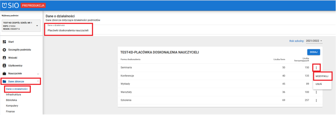 widok okna dane o działalności placówki doskonalenia nauczycieli z zaznaczoną możliwością modyfikacji danych