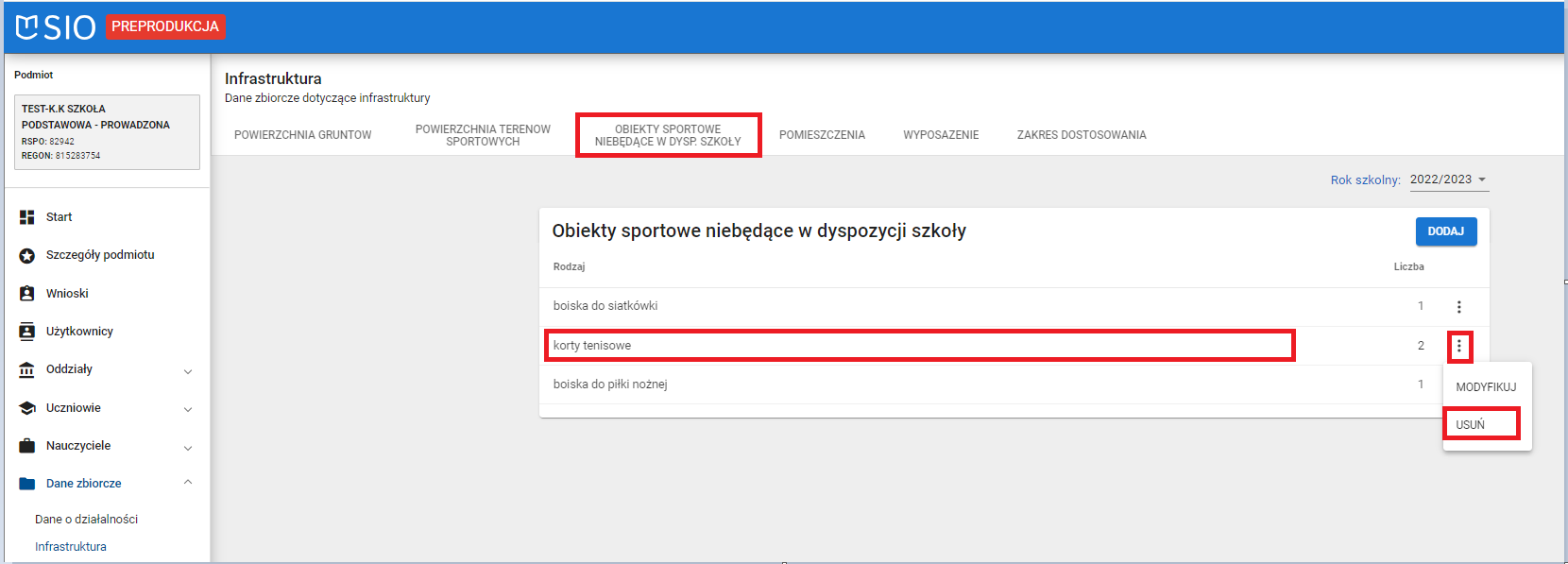 widok okna dane zbiorcze infrastruktura obiekty sportowe niebędące w dyspozycji szkoły z zaznaczoną możliwością usunięcia wybranych danych