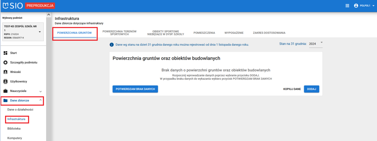 widok okna dane zbiorcze zakładki infrastruktura - powierzchnia gruntów