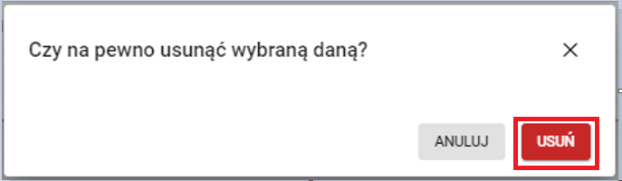 widok okna do potwierdzenia usunięcia wybranych danych