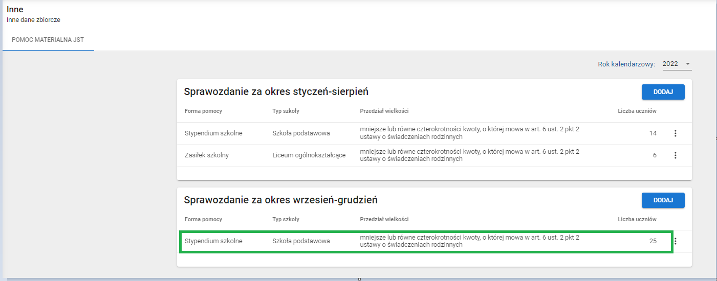 widok okna po usunięciu wybranych danych