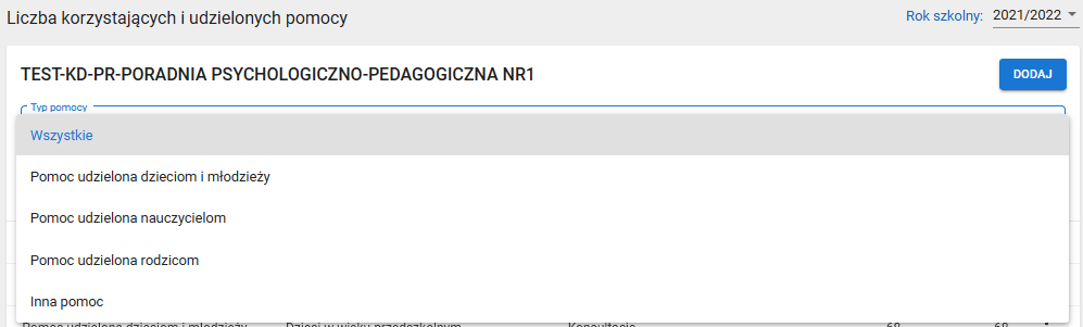 widok okna wybrane dane według typów udzielonej pomocy