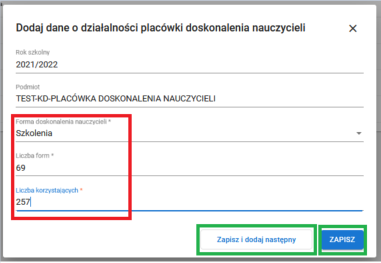 widok okna z formularzem dodaj dane o działalności placówki doskonalenia nauczycieli