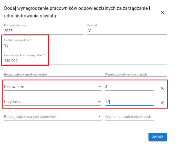 widok okna z widokiem wypełnionego formularza wynagrodzeń pracowników odpowiedzialnych  za zarządzanie i administrowanie oświatą.