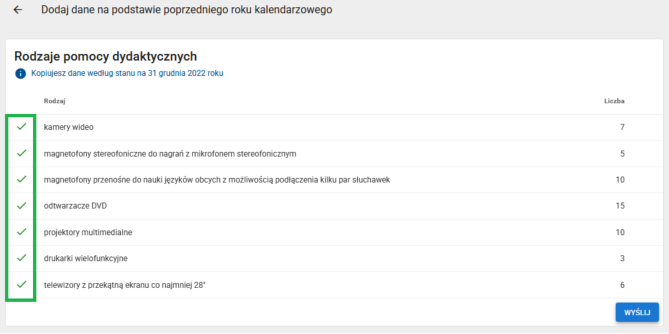 zaznaczone dane na zielono