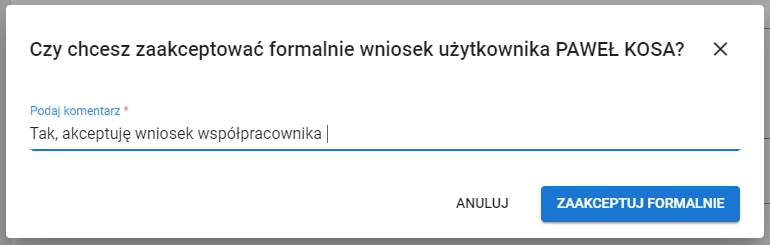 okno akceptacji wniosku z podaniem komentarza