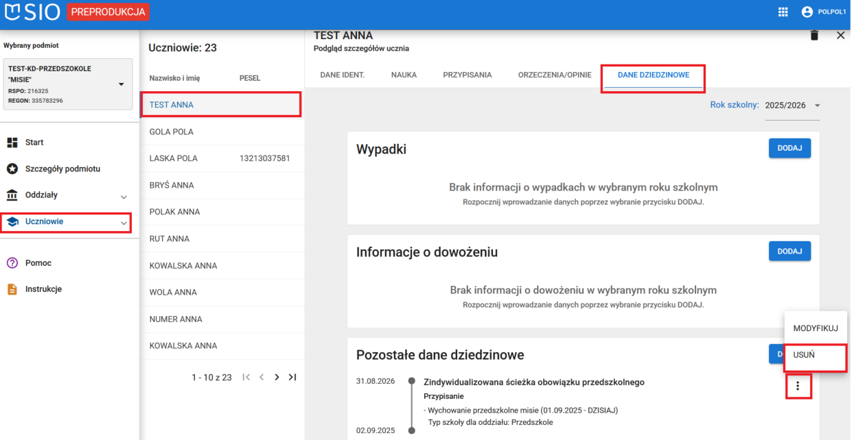 Okno danych dziedzinowych z możliwością usunięcia wpisu: pozostałe dane dziedzinowe u ucznia w placówce wychowania przedszkolnego