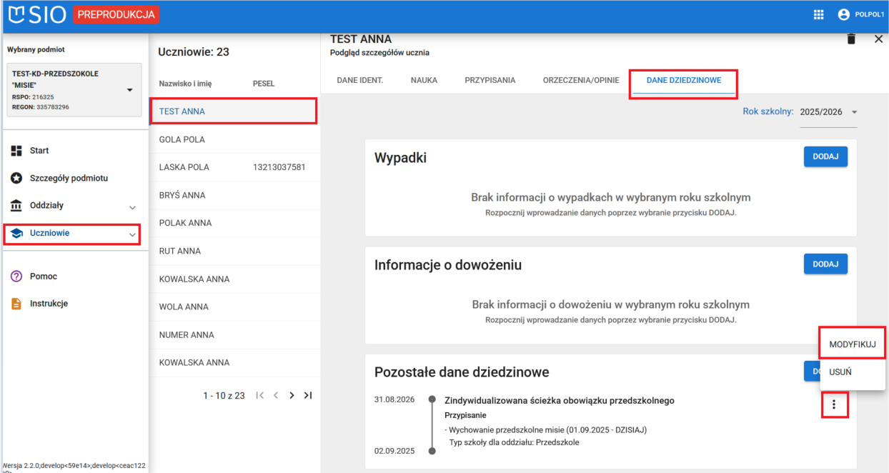 Okno danych dziedzinowych z wyborem modyfikacji wpisu: pozostałe dane dziedzinowe u ucznia w placówce wychowania przedszkolnego