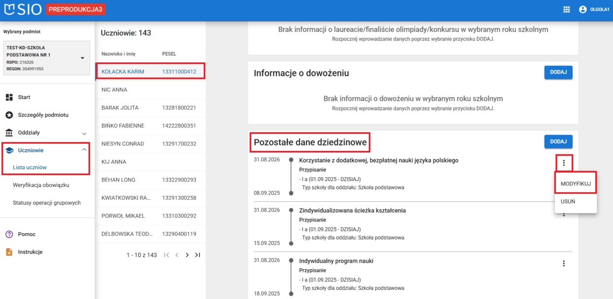 Okno danych dziedzinowych z wyborem modyfikacji wpisu pozostałe dane dziedzinowe