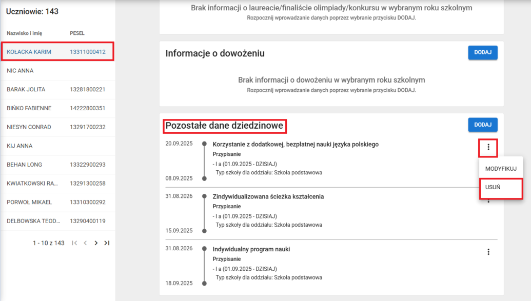 Okno danych dziedzinowych z wyborem usunięcia wpisu pozostałe dane dziedzinowe 