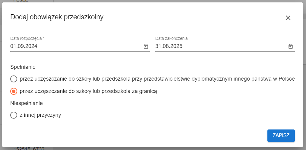 okno do wykazania danych obowiązku przedszkolnego 