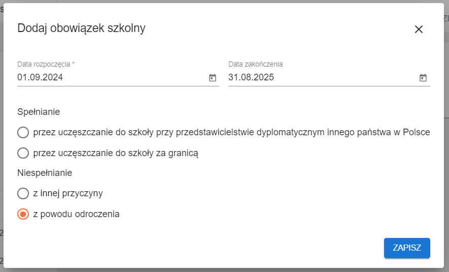 Okno formularza dodaj obowiązek szkolny z możliwością zaznaczenia przyczyny