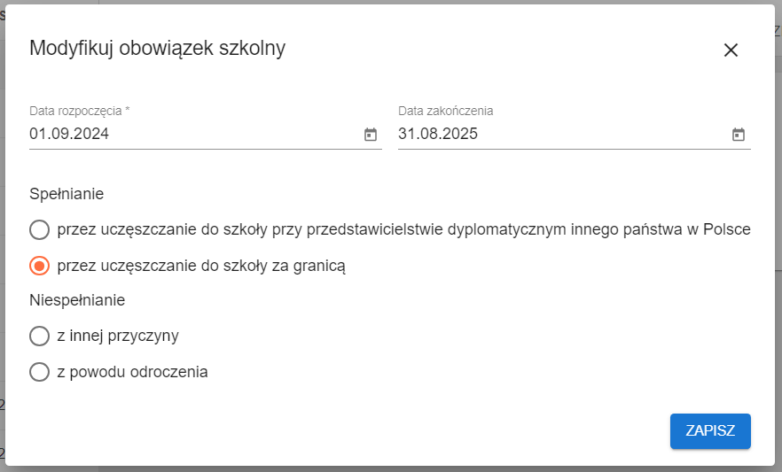 Okno formularza dodanego obowiązku szkolnego z możliwą modyfikacją