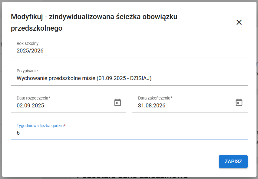 Okno formularza: modyfikuj - korzystanie z nauczania, wychowania i opieki w wymiarze wyższym, z polami edytowanymi