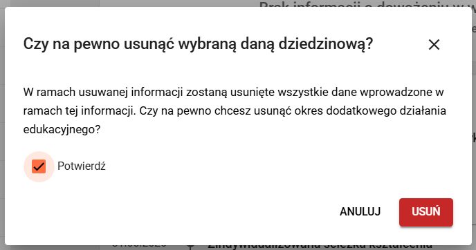 Okno komunikatu: czy na pewno chcesz usunąć wybraną daną dziedzinową?