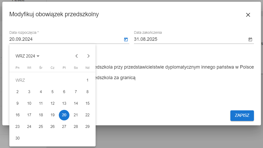 okno modyfikacji obowiązku przedszkolnego