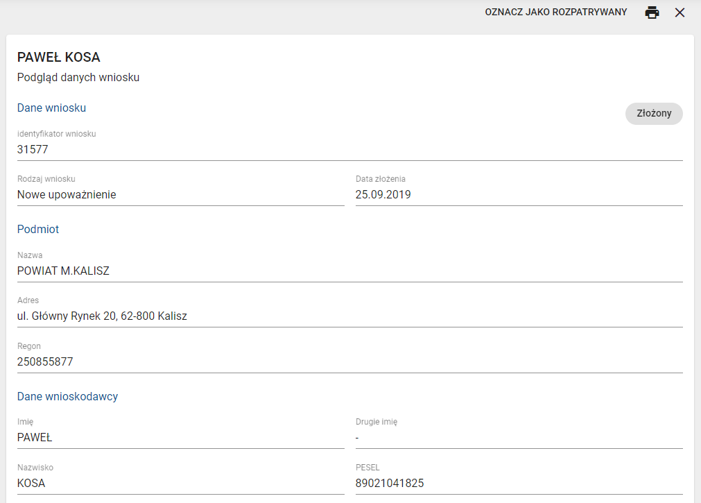 okno podglądu danych wniosku część 1