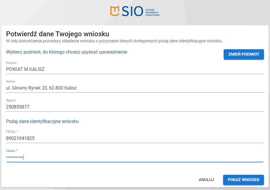 okno potwierdzenia danych wnioskującego