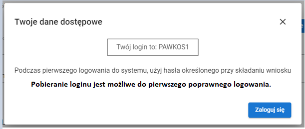 okno pozyskanych danych dostępowych z wyświetlonym loginem