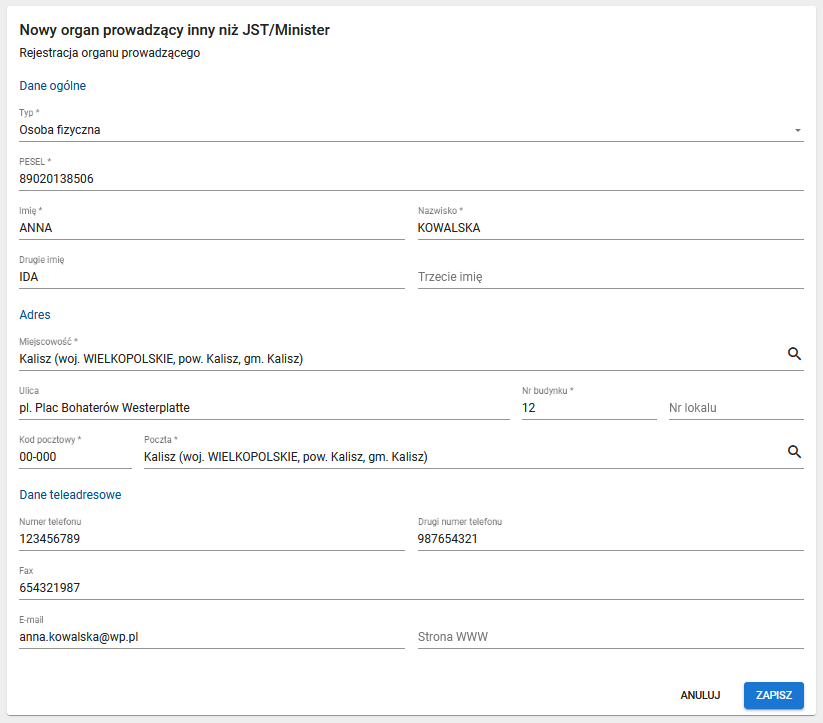 Okno w widokiem na uzupełnione wiersze nowego organu prowadzącego innego niż JST Minister