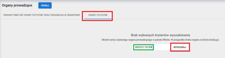 Okno wyszukiwania osoby fizycznej