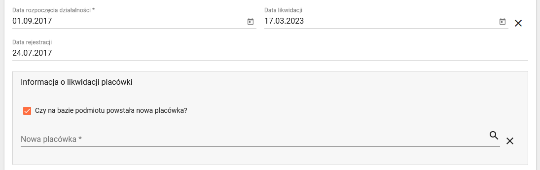 Okno z informacją do zaznaczenie czy na bazie podmiotu powstała nowa placówka?