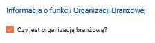 okno z opcja zaznaczenia czy jest organizacją branżową 