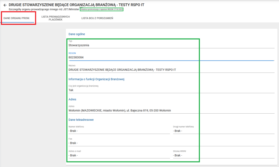 Okno z opisem szczegółów organu prowadzącego