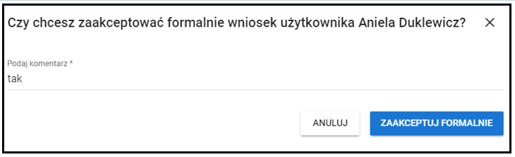 Okno z polem do wprowadzenia komentarza 