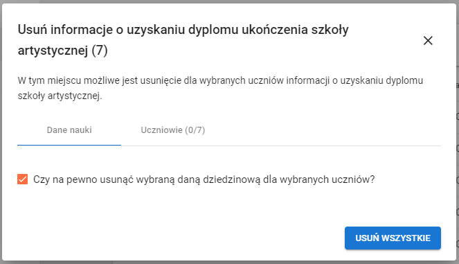 Okno z potwierdzeniem usunięcia informacji o uzyskaniu dyplomu ukończenia szkoły artystycznej