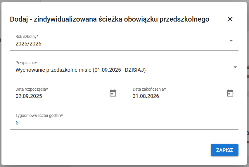 okno z uzupełnionymi danymi 