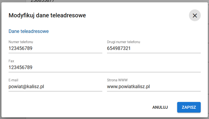 Okno z widokiem danych teleadresowych które podlegają modyfikacji