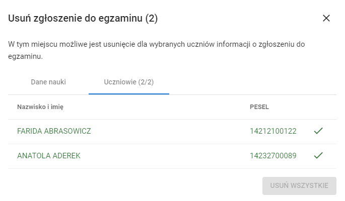 okno z widokiem listę uczniów, którym usunięto zgłoszenie do egzaminu