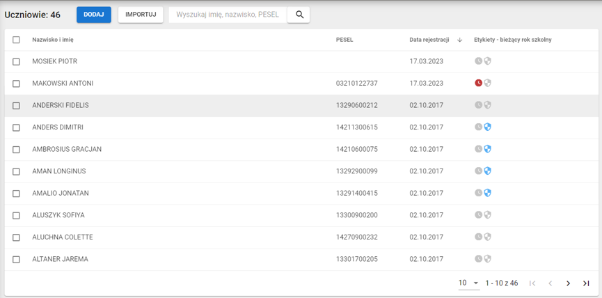 okno z widokiem listy uczniów z podświetloną etykietą obowiązku nauki