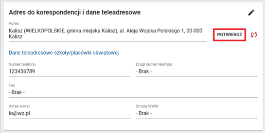 Okno z widokiem na adres do korespondencji i dane teleadresowe z oznaczonym w prawym górnym rogu przyciskiem potwierdź