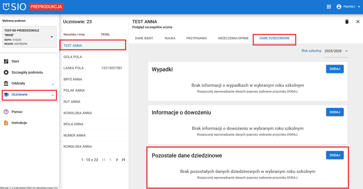 Okno z widokiem na dane dziedzinowe i pozostałe dane dziedzinowe w placówce wychowania przedszkolnego 