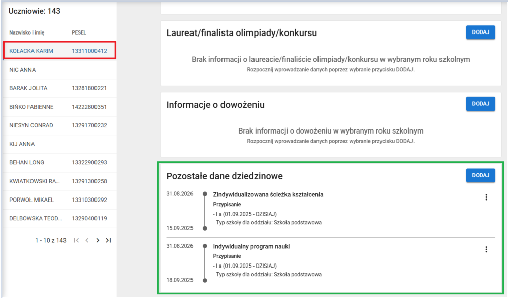 Okno z widokiem na dane dziedzinowe po usunięciu wpisu.
