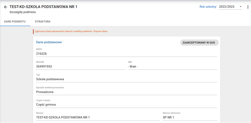 Okno  z widokiem na dane placówki z komunikatem o konieczności zmiany adresu siedziby zgłoszony przez podmiot