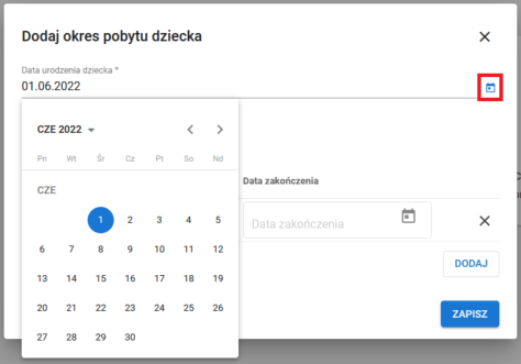 Okno z widokiem na dodaj okres pobytu dziecka z rozwiniętym kalendarzem
