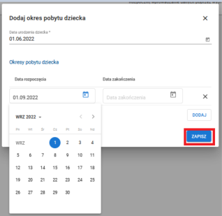 Okno z widokiem na dodaj okres pobytu dziecka