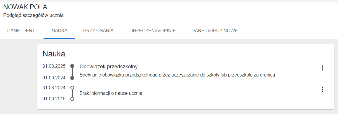 Okno z widokiem na dodany wpis obowiązku przedszkolnego, w zakładce nauka.