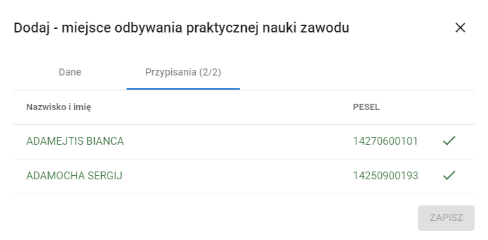 Okno z widokiem na formularz dodania miejsca odbywania praktycznej nauki zawodu z polami do uzupełnienia