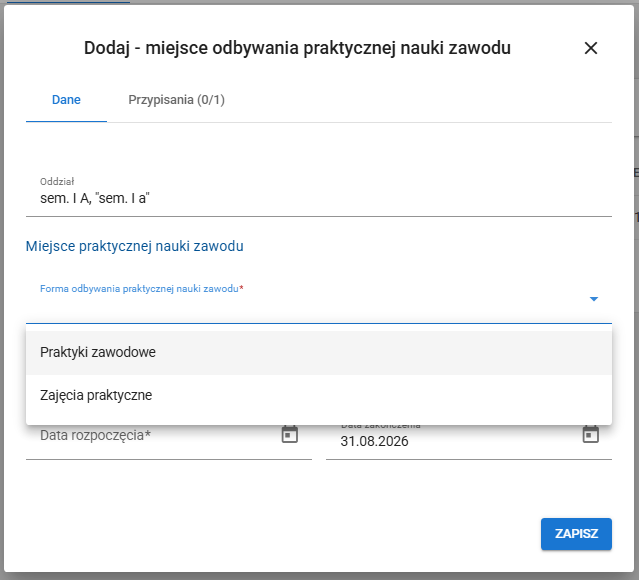Okno z widokiem na formularz dodania miejsca odbywania praktycznej nauki zawodu z polami do uzupełnienia